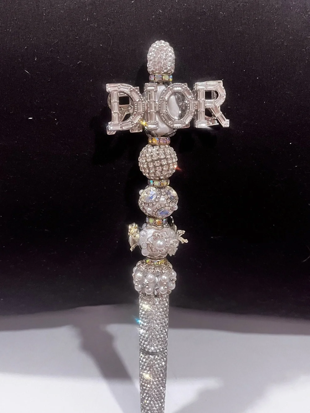 Designer inspired ultra luxe Silver Crystal & Pearl Logo focal fancy beaded pen